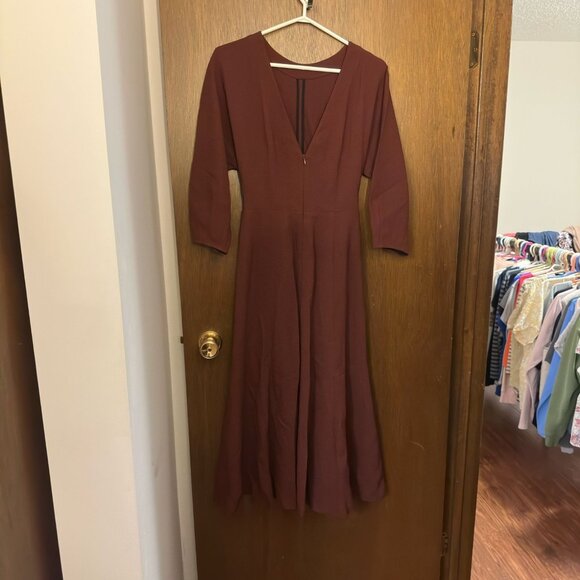 Vintage Aritzia Wilfred Le Fou Valentine High Neck V Back Midi Dress Rust Red - Picture 3 of 6